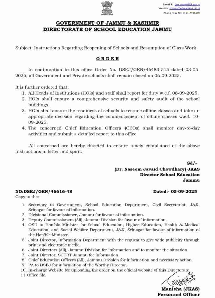 Schools in Jammu Division to Remain Closed on September 6, Reopen for Staff from September 8