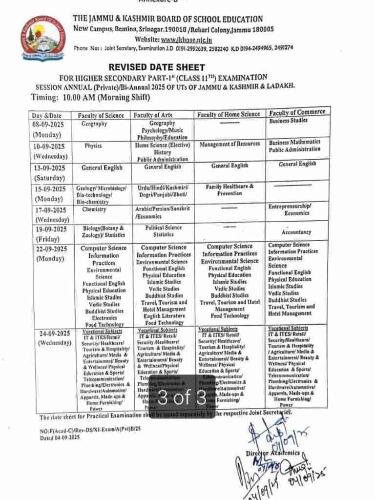 JKBOSE Issues Revised Date Sheet for Class 10th and 11th Exams