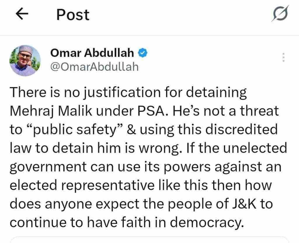 Omar Abdullah Slams PSA Detention of MLA Mehraj Malik, Calls It “Misuse of Law”