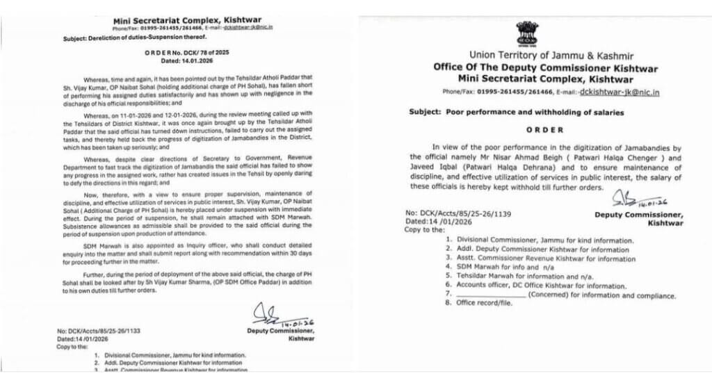 DC Kishtwar Takes Strict Action Against Revenue Officials Over Poor Performance, Withholds Salaries and Orders Suspension