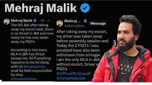 Doda MLA Mehraj Malik Alleges Withdrawal of Escort, Driver and PSOs; Says "J&K DGP, LG Will Be Held Responsible"