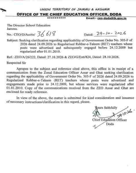 CEO Doda Seeks Clarification on Government Order for Regularised ReT Teachers, Writes To DSEJ