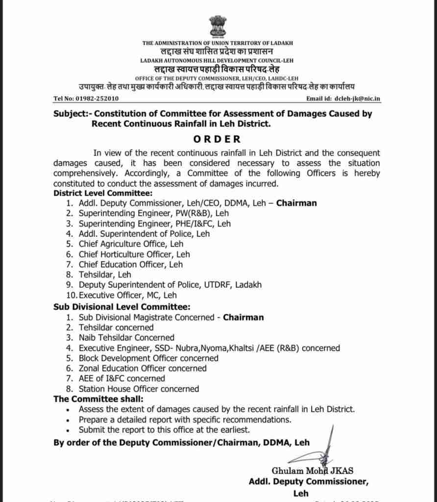 Ladakh: Committee Constituted for Assessment of Damages Caused by Recent Continuous Rainfall in Leh District