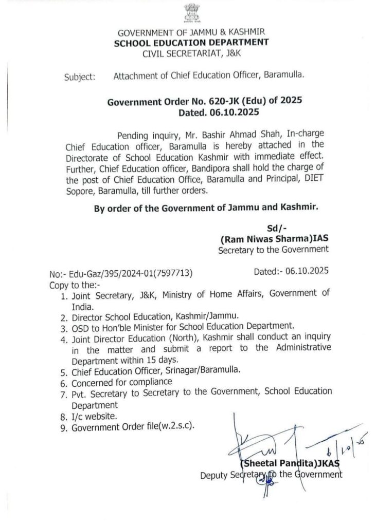 CEO Baramulla Attached to DSEK Pending Inquiry
