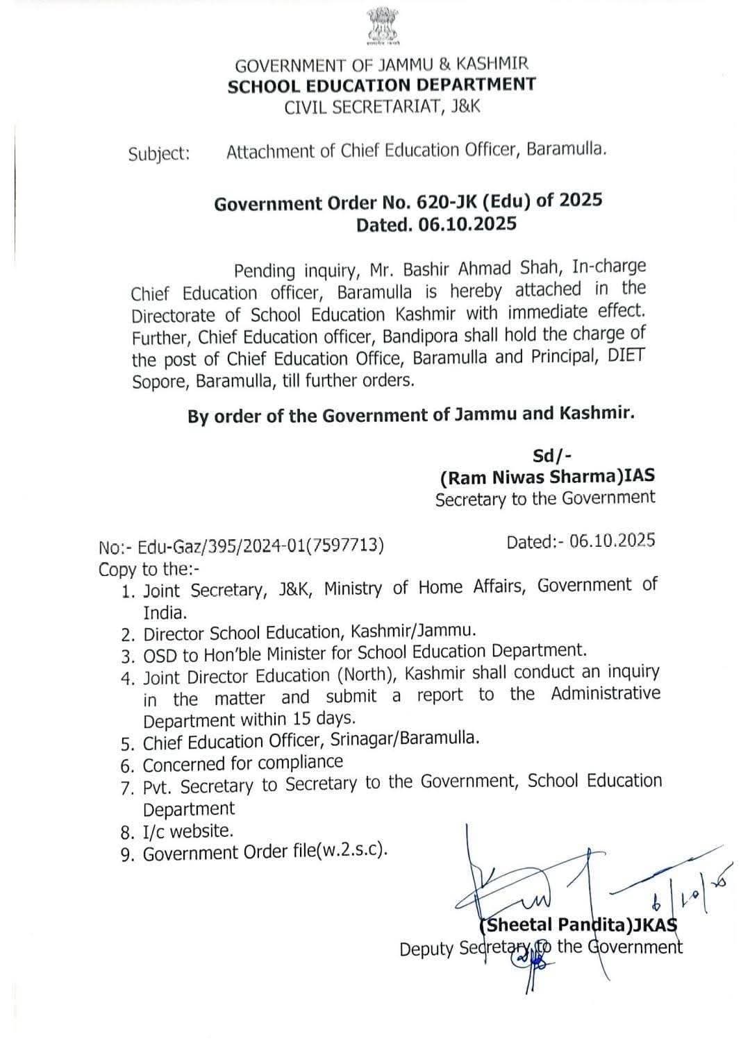 CEO Baramulla Attached to DSEK Pending Inquiry