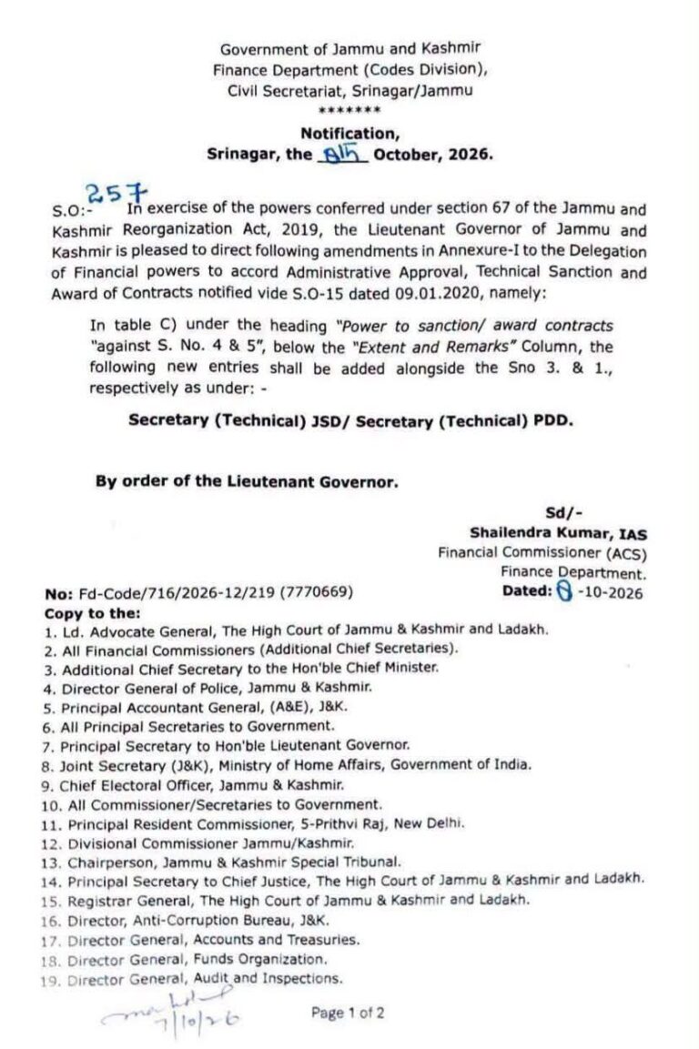 Jammu and Kashmir Govt Amends Financial Powers Delegation Rules