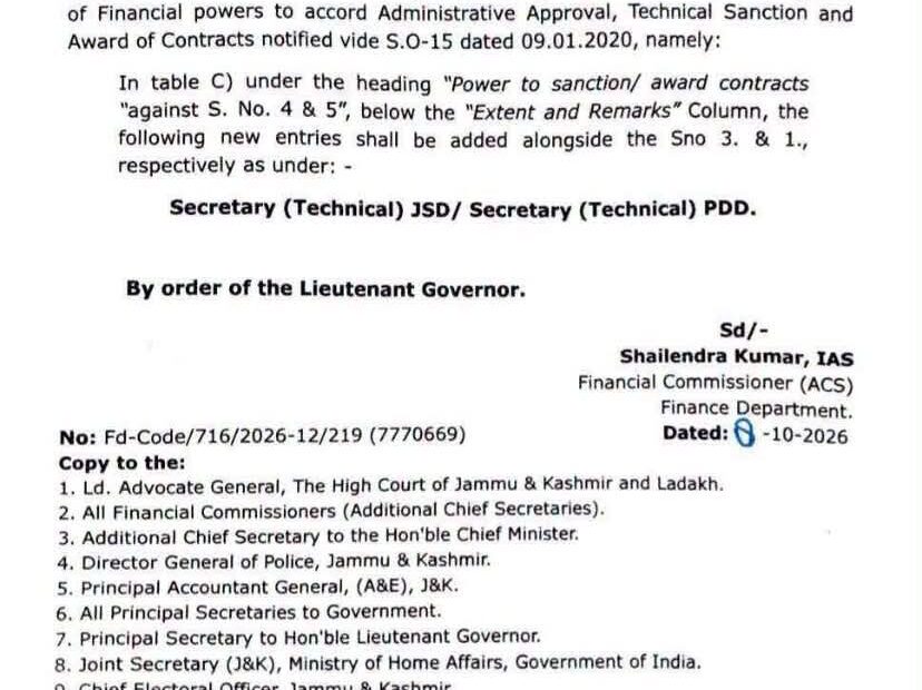 Jammu and Kashmir Govt Amends Financial Powers Delegation Rules
