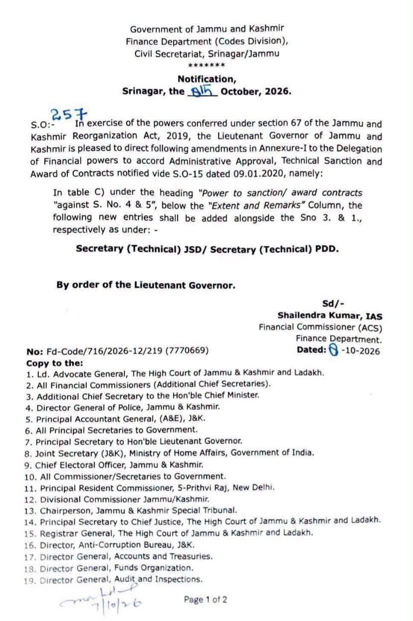 Jammu and Kashmir Govt Amends Financial Powers Delegation Rules