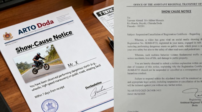 ARTO Doda Issues Show-Cause Notice to Biker Over Dangerous Stunts