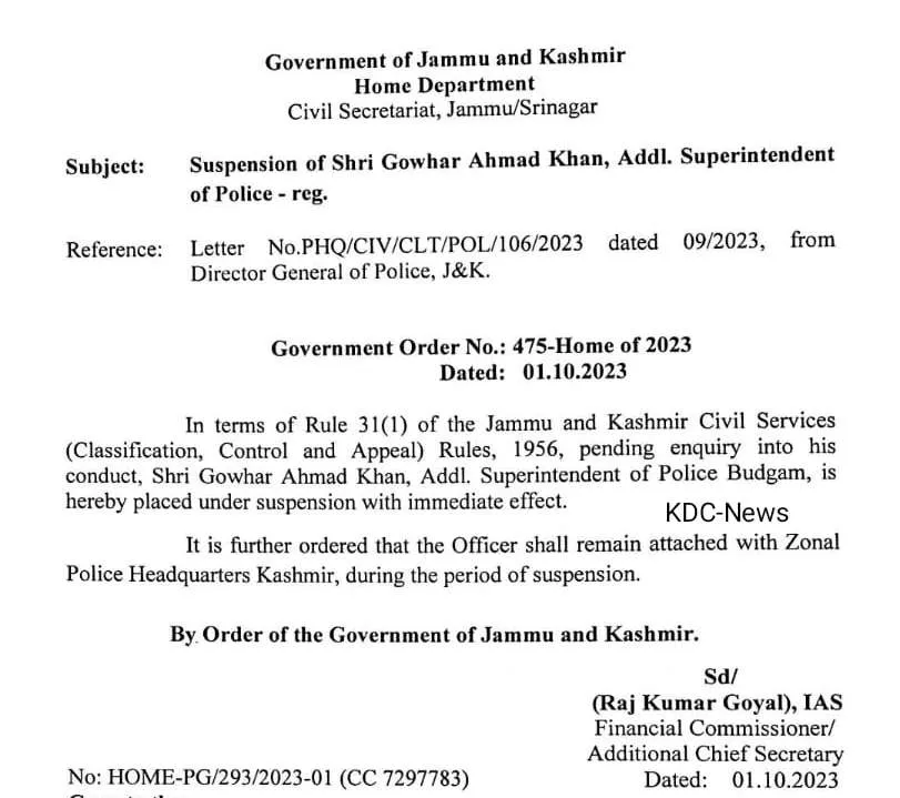Jammu and Kashmir Government Directs Suspension of Deputy Superintendent Sheikh Adil and Assistant Superintendent Gowhar Khan in Budgam District