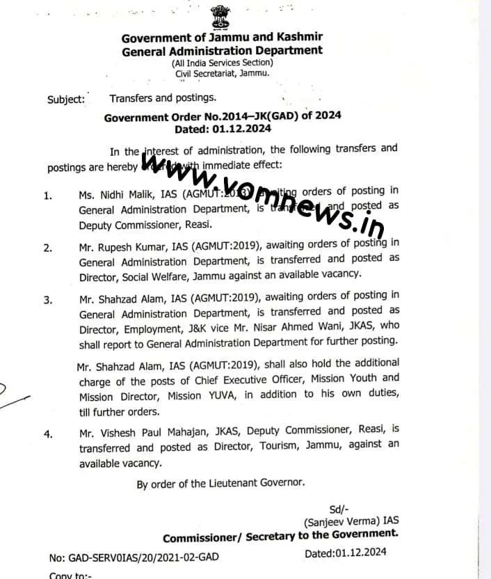 4 Officers Transferred and Posted including a JKAS In Jammu Kashmir